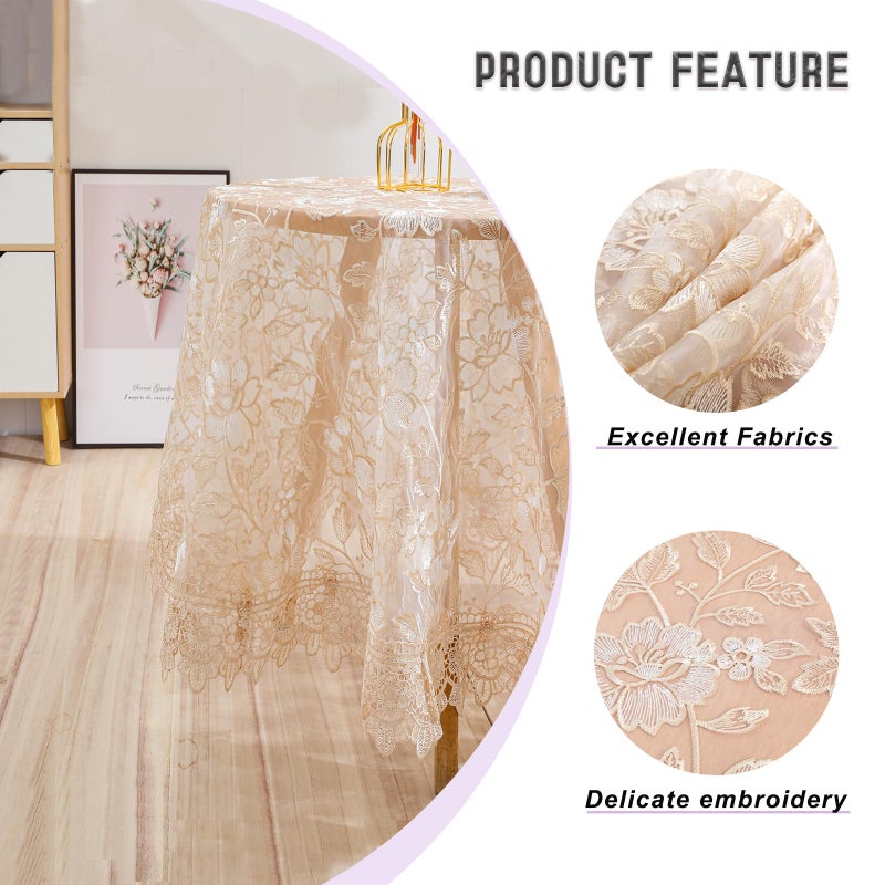 Qubjus Round Embroidered Lace Tablecloth Vintage Decorative Exquisite Border Table Cover for Party Wedding Home Decorations, Round-35, Beige - Image 2