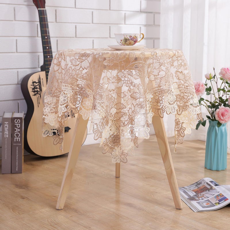 Qubjus Round Embroidered Lace Tablecloth Vintage Decorative Exquisite Border Table Cover for Party Wedding Home Decorations, Round-35, Beige - Image 5