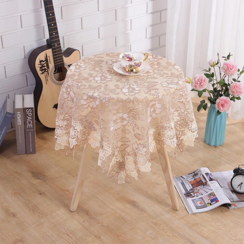 Qubjus Round Embroidered Lace Tablecloth Vintage Decorative Exquisite Border Table Cover for Party Wedding Home Decorations, Round-35, Beige - Image 4