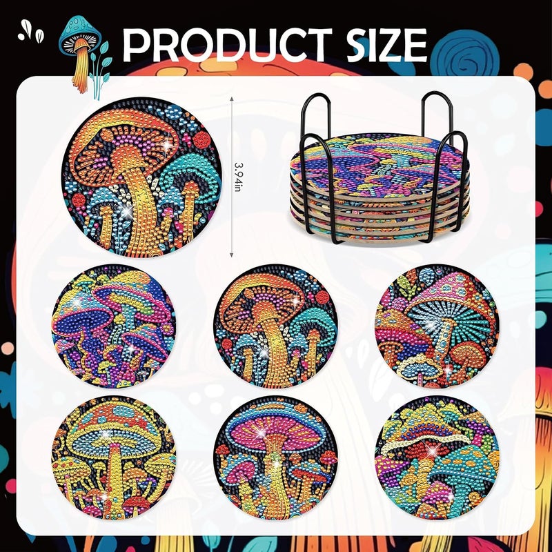 INCOK Mushroom Diamond Painting Coasters - 6 PCS DIY Diamond Art Kits Non Slip Coaster with Holder for Drinks Coffee Art Craft Supplies Birthday for Adults Women Beginners - Image 3