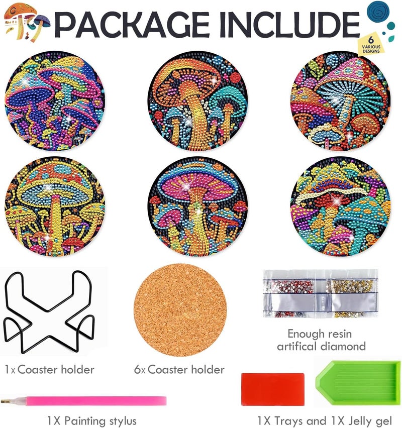 INCOK Mushroom Diamond Painting Coasters - 6 PCS DIY Diamond Art Kits Non Slip Coaster with Holder for Drinks Coffee Art Craft Supplies Birthday for Adults Women Beginners - Image 5