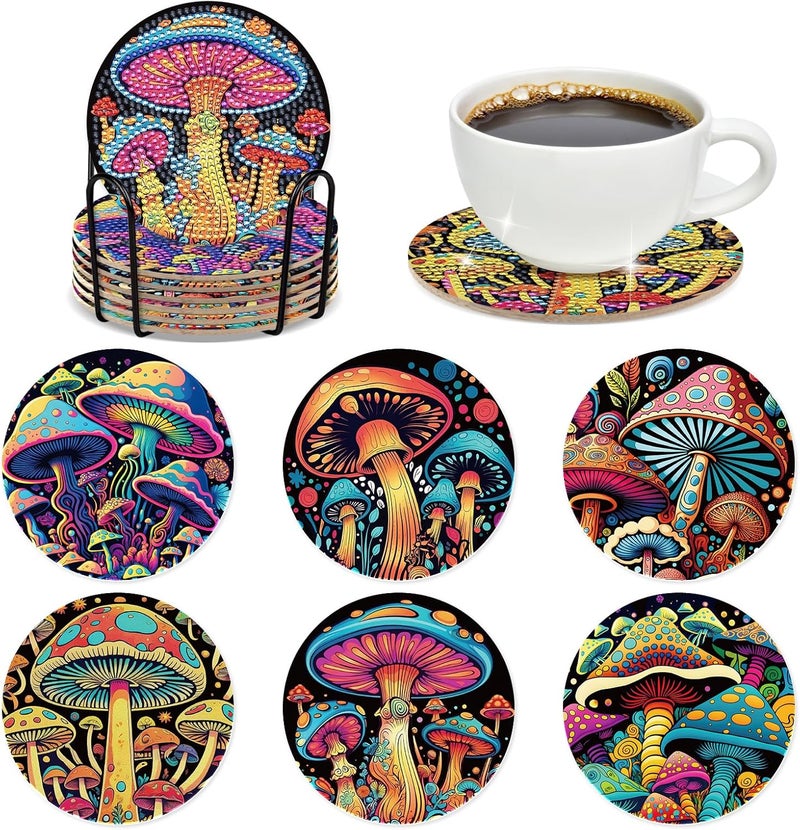 INCOK Mushroom Diamond Painting Coasters - 6 PCS DIY Diamond Art Kits Non Slip Coaster with Holder for Drinks Coffee Art Craft Supplies Birthday for Adults Women Beginners - Image 1