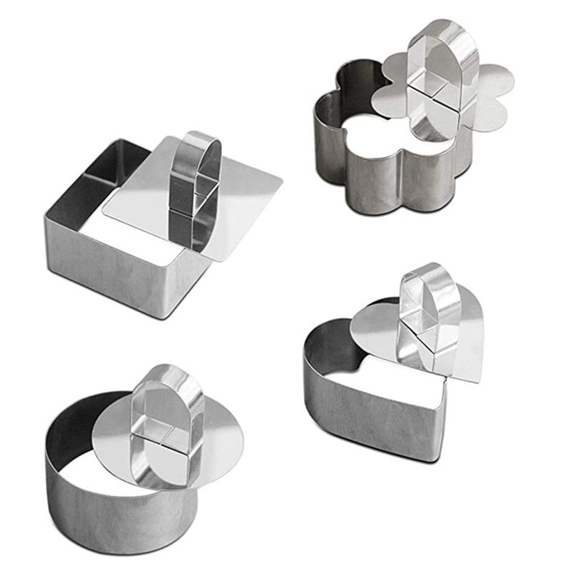 8 pcs Mousse Mold Stainless Steel Cake Making Tool Unique Baking Supplies for Home Kitchen with Push Board (Heart + Round + Flower + Pattern) - Image 1