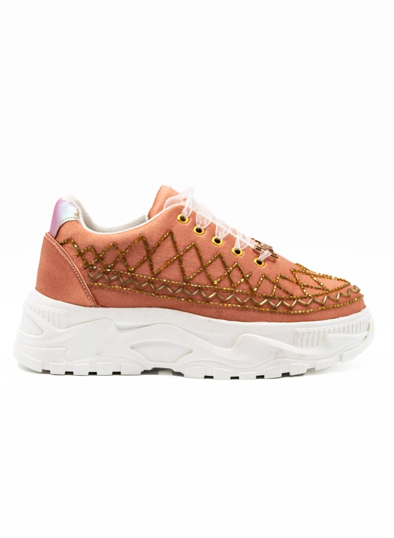 RETTROSE Samantha Luxury Nude Pink Satin Handmade Embellished Women’s Trainer Shoes – Gold Detailing, Long-Lasting Comfort & Premium Design by RETTROSE  - Image 1