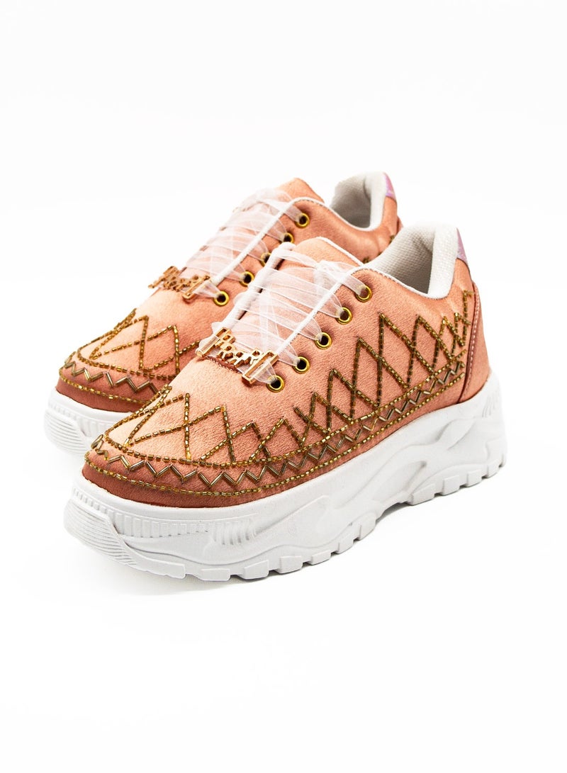 RETTROSE Samantha Luxury Nude Pink Satin Handmade Embellished Women’s Trainer Shoes – Gold Detailing, Long-Lasting Comfort & Premium Design by RETTROSE  - Image 2