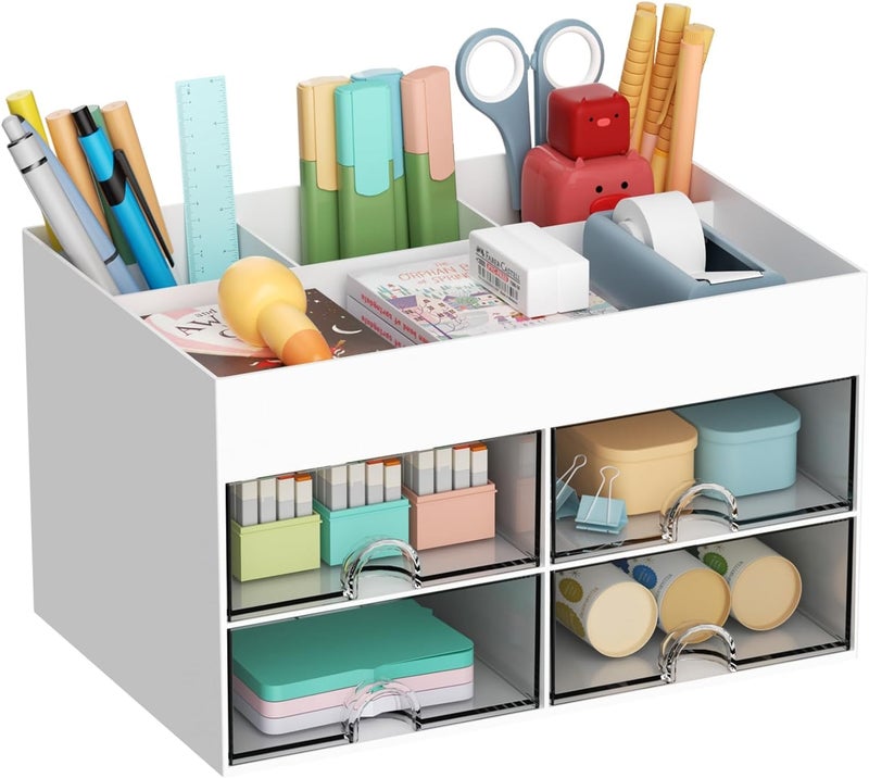 HOME CUBE Plastic Multi-Functional Desk Organizer With 4 Compartments&4 Pull Out Drawer Desktop Office Supplies Stationery Storage Box Cosmetic Organizer For Pens Staplers Clips Sticky Notes - White - Image 1