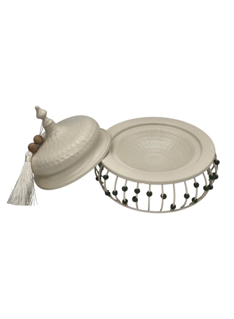 AKDC Metal Tajine with Lid 28cm*17cm, White with Green Beads - Image 2