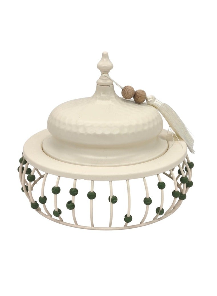 AKDC Metal Tajine with Lid 28cm*17cm, White with Green Beads - Image 1