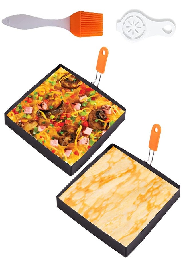 WOWITIS 2 Packs Large 8 Inch Square Omelette Ring for Griddle, Non-Stick Stainless Steel 8"Griddle Omelet Rings,Rectangular Egg Ring Pancake Ring Egg Mold Silicone Handle with Egg Separator & Oil Brush - Image 1