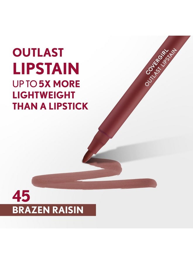 كفر جيرل أحمر شفاه Outlast من COVERGIRL، 45 Brazen Raisin، سهل الاستخدام، طرف دقيق يشبه القلم، مقاوم للنقل، لمسة نهائية مصبوغة بالساتان، تركيبة نباتية، 0.06 أونصة  - Image 2