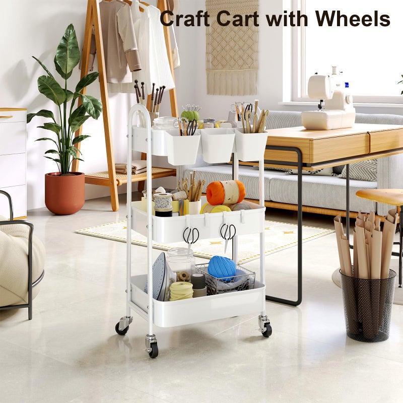Recximi 3 Tier Heavy Duty White Metal Rolling Cart with Lockable Wheels, Three Tier Roller Book Snack Cart, Utility Storage Organizer Carts for Kitchen, Bathroom, Garage, Baby Diaper, Craft, Art, Teacher - Image 3