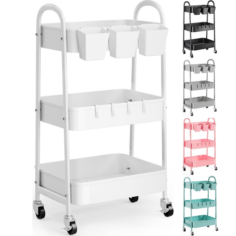Recximi 3 Tier Heavy Duty White Metal Rolling Cart with Lockable Wheels, Three Tier Roller Book Snack Cart, Utility Storage Organizer Carts for Kitchen, Bathroom, Garage, Baby Diaper, Craft, Art, Teacher - Image 1