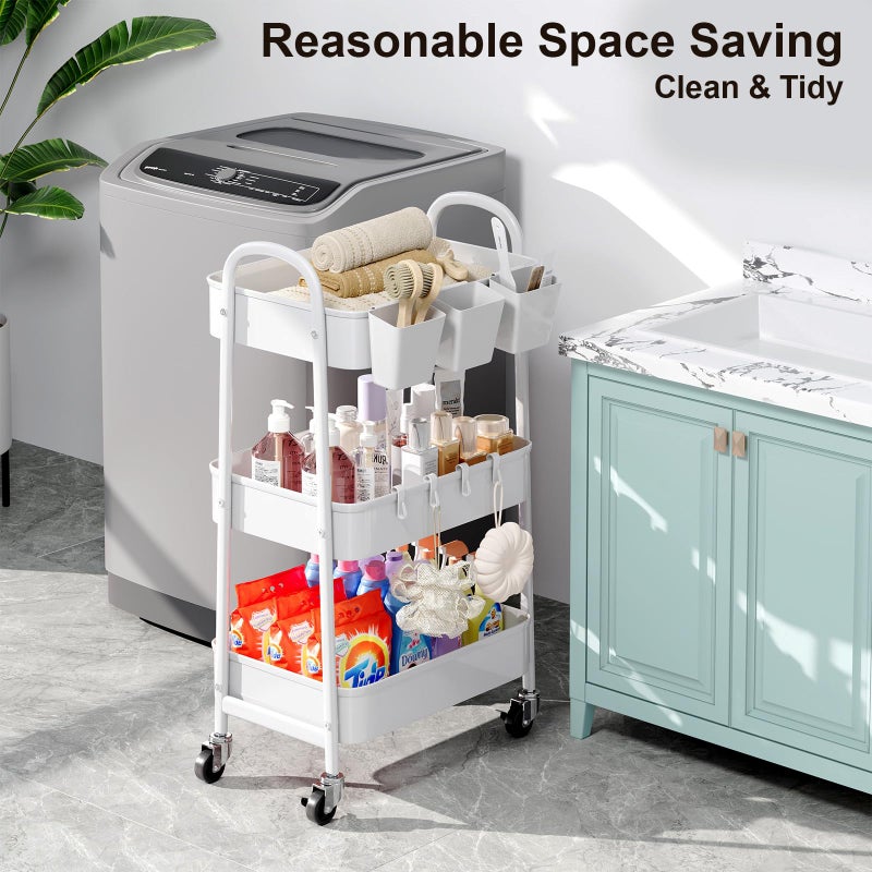Recximi 3 Tier Heavy Duty White Metal Rolling Cart with Lockable Wheels, Three Tier Roller Book Snack Cart, Utility Storage Organizer Carts for Kitchen, Bathroom, Garage, Baby Diaper, Craft, Art, Teacher - Image 5