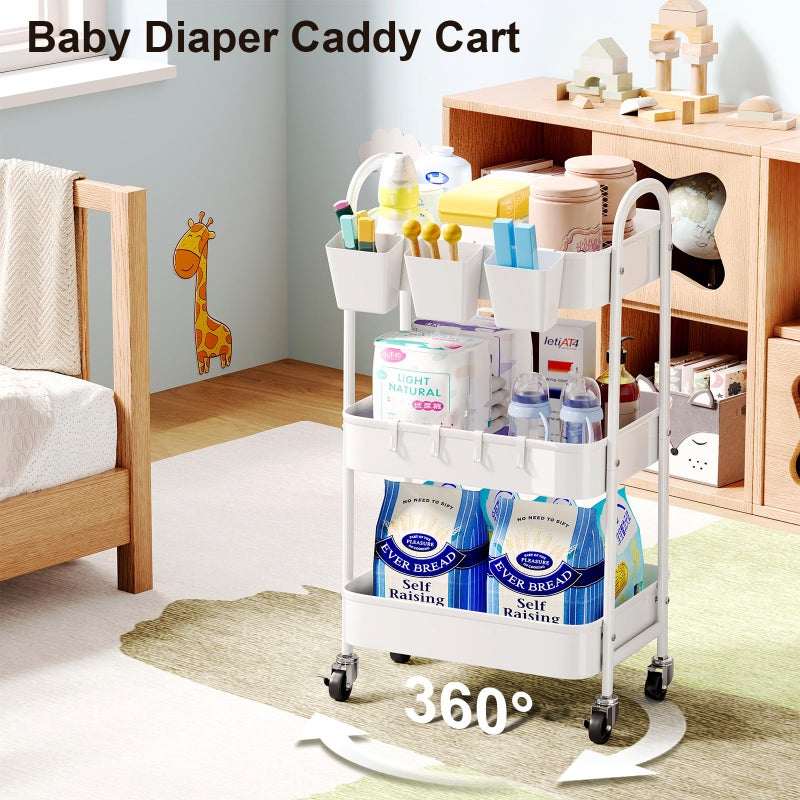Recximi 3 Tier Heavy Duty White Metal Rolling Cart with Lockable Wheels, Three Tier Roller Book Snack Cart, Utility Storage Organizer Carts for Kitchen, Bathroom, Garage, Baby Diaper, Craft, Art, Teacher - Image 4