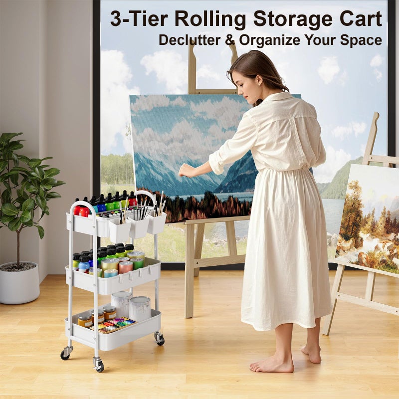 Recximi 3 Tier Heavy Duty White Metal Rolling Cart with Lockable Wheels, Three Tier Roller Book Snack Cart, Utility Storage Organizer Carts for Kitchen, Bathroom, Garage, Baby Diaper, Craft, Art, Teacher - Image 2