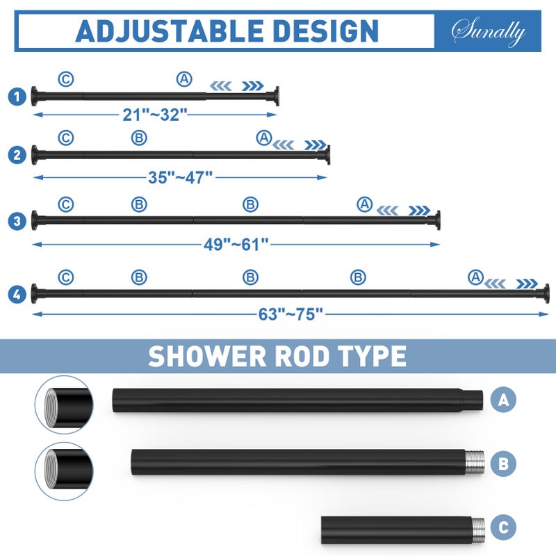 SUNALLY Shower Curtain Rod Adjustable 32-75 Inch, Spring Tension Shower Rods Stainless Steel Telescoping Curtain Rod for Bathroom or Windows, No Drilling, No Slip, No Rust, Black - Image 2