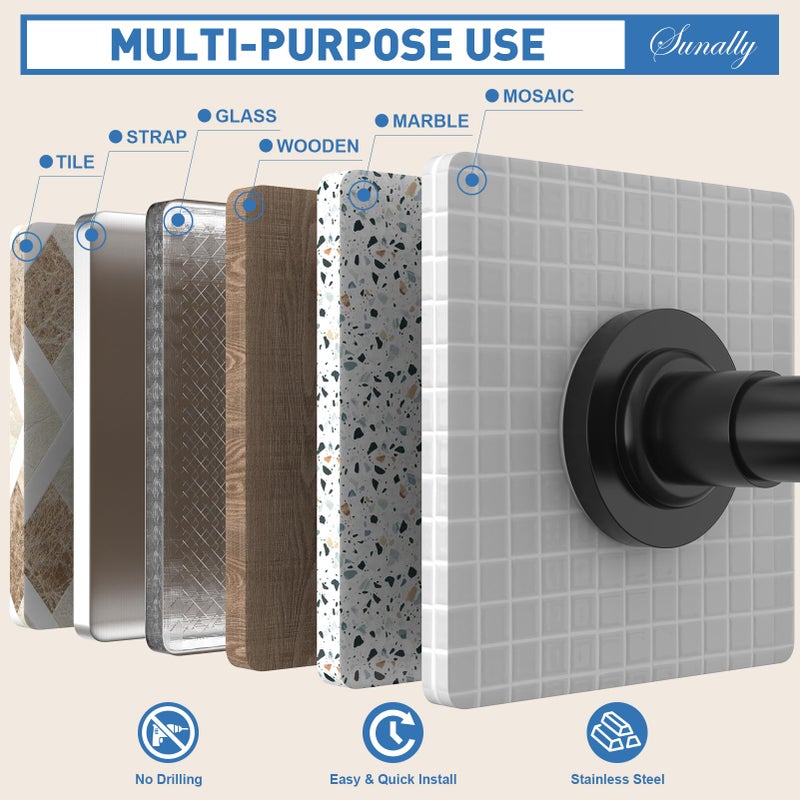 SUNALLY Shower Curtain Rod Adjustable 32-75 Inch, Spring Tension Shower Rods Stainless Steel Telescoping Curtain Rod for Bathroom or Windows, No Drilling, No Slip, No Rust, Black - Image 5