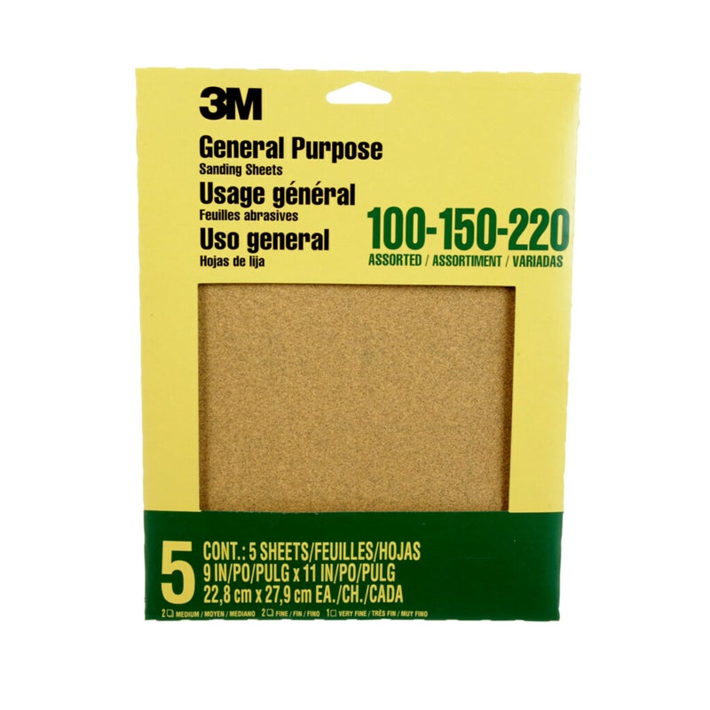 3M Aluminum Oxide Sandpaper 5 Sheets Assorted Grit 100150220 9in x 11in MultiPurpose Abrasive Sanding Paper For General Purpose Sanding On Paint Wood and Metal 9005NA