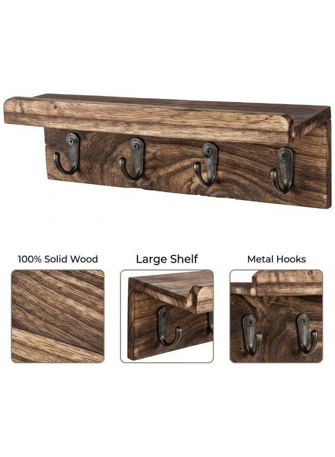 Rustic Wall Mounted Key Holder, Rustic Style Wall Shelf with 4 Hooks, Wall Mounted Key Racks, Wooden Mail Organizer with Hooks for Entryway (Brown) - Image 3