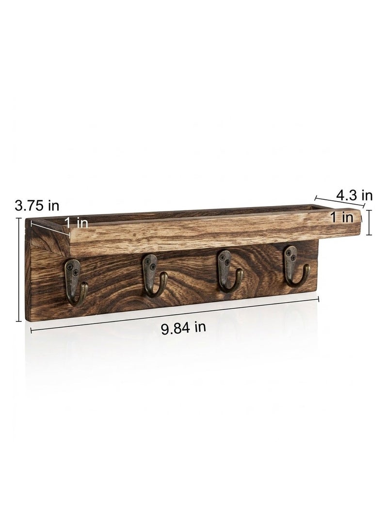 Rustic Wall Mounted Key Holder, Rustic Style Wall Shelf with 4 Hooks, Wall Mounted Key Racks, Wooden Mail Organizer with Hooks for Entryway (Brown) - Image 4