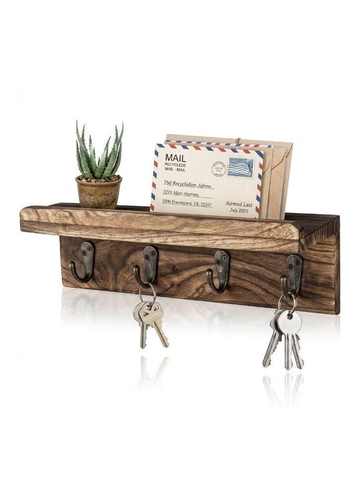Rustic Wall Mounted Key Holder, Rustic Style Wall Shelf with 4 Hooks, Wall Mounted Key Racks, Wooden Mail Organizer with Hooks for Entryway (Brown) - Image 1