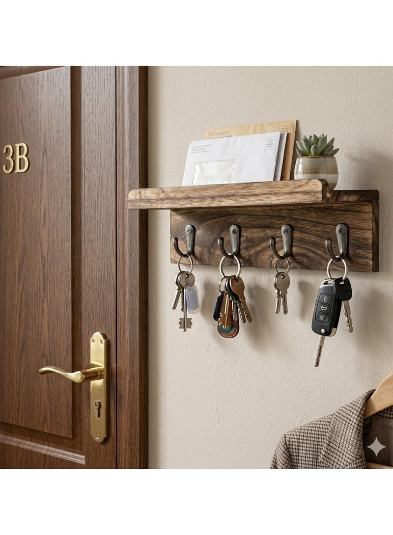 Rustic Wall Mounted Key Holder, Rustic Style Wall Shelf with 4 Hooks, Wall Mounted Key Racks, Wooden Mail Organizer with Hooks for Entryway (Brown) - Image 5