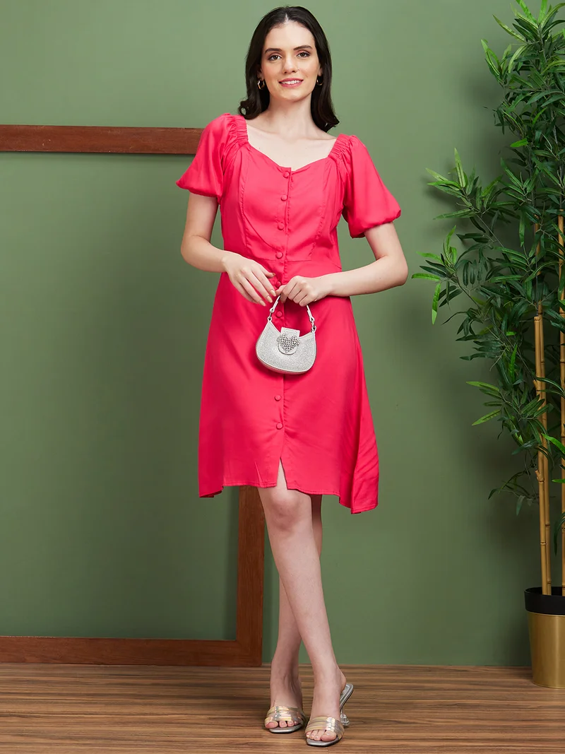 globus Globus Women Pink Puff Sleeves A-Line Dress