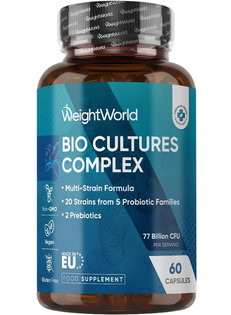 WeightWorld Bio Cultures Complex Probiotics and Prebiotics - 77 Billion CFU - 20 Live Cultures - 60 Capsules - Strains Like Lactobacillus Acidophilus & Casei - Prebiotic and Probiotic Supplements for Women & Men - Image 1