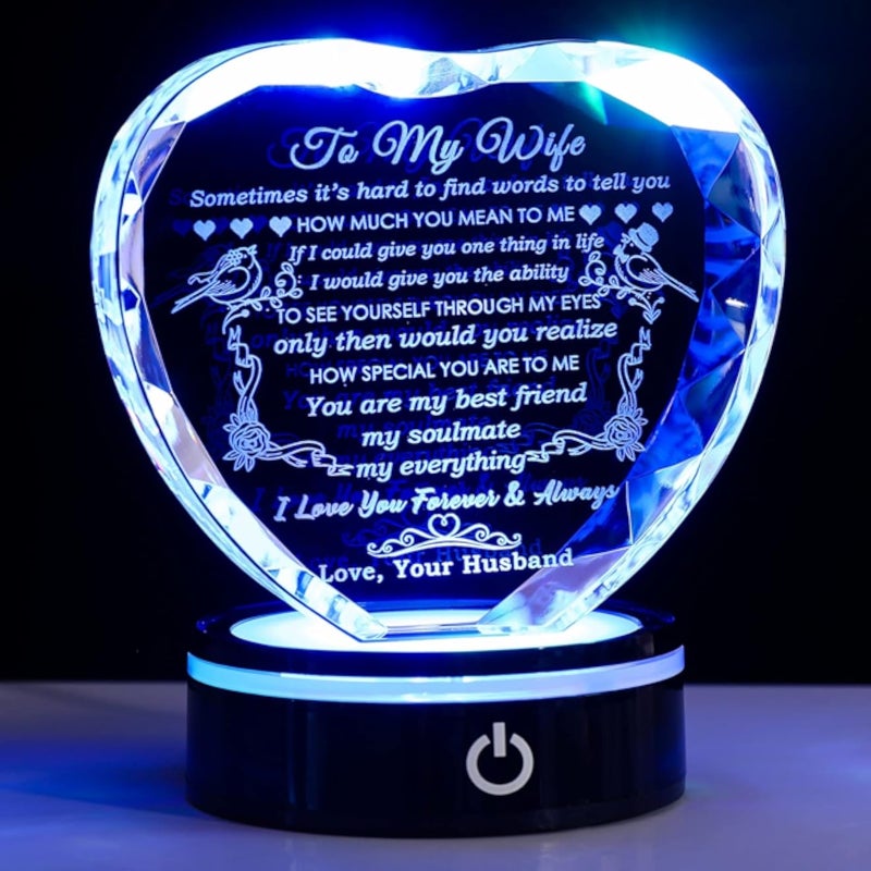 YWHL Gifts for Wife with Colorful LED Base I Love You Gifts for Her from Husband Best Anniversary Birthday Wife Gift Ideas Romantic to My Wife Crystal Keepsakes Presents for Valentine's Day Christmas