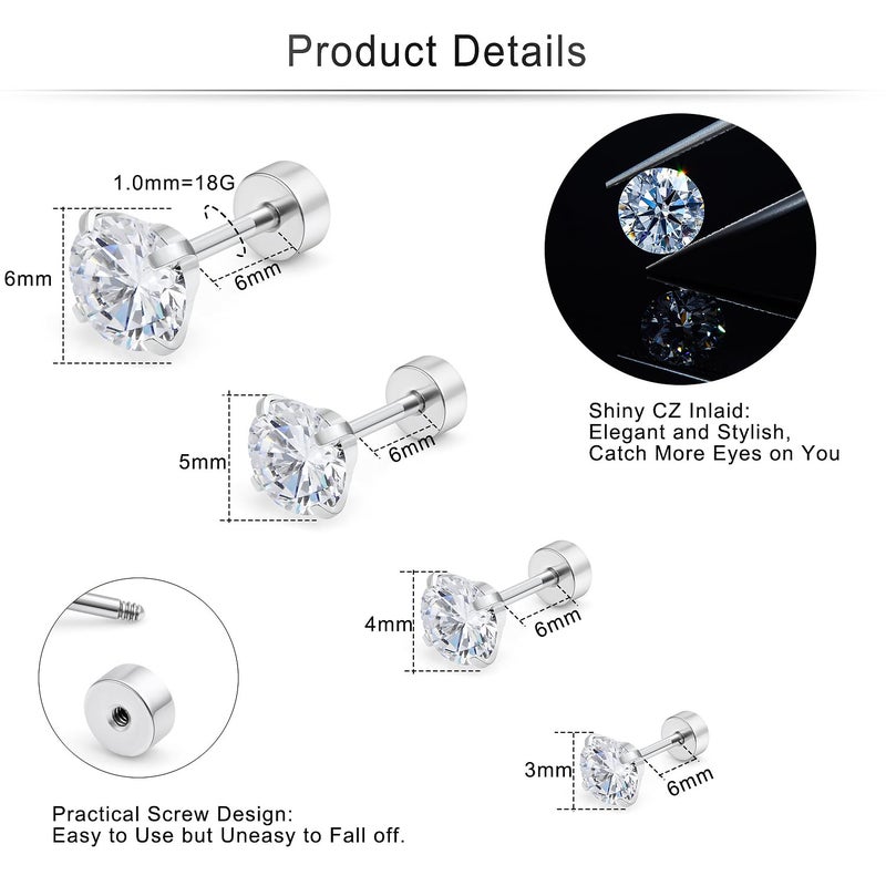 Cisyozi 18G Flat Back Earrings Stud for Women Men 316L Silver Stainless Surgical Steel Diamond Screw Back On Hypoallergenic Cartilage Helix Tragus Ear Lobe Stud Earring Set Pack Piercing Jewelry 6mm - Image 2