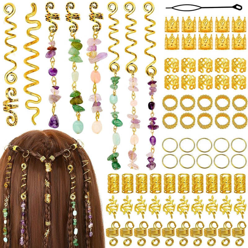 Jollidecor 80 Pcs Natural Crystal Stone Dreadlock Accessories Hair Jewelry for Braids Hair Spirals Gems Charms Adjust Gold Loc Jewelry for Hair Cuffs for Girls Women Braids Hairstyle Decoration
