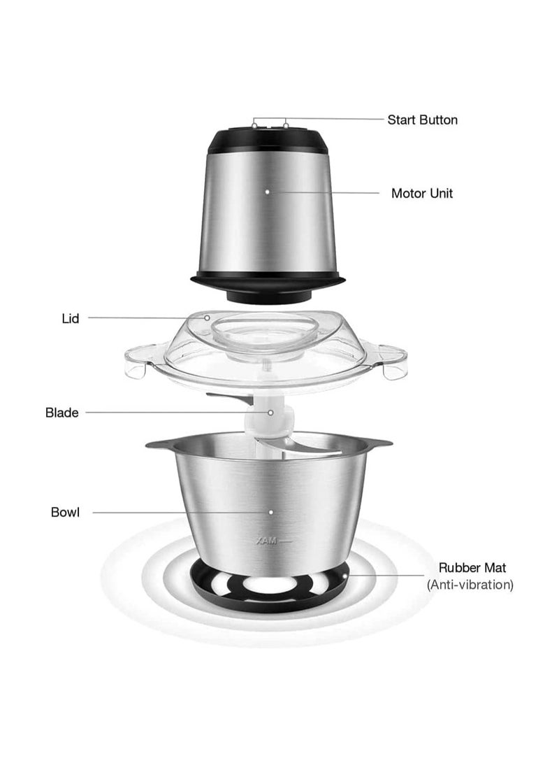 SYOSI Electric Food Chopper for Meat, Vegetables, Fruits and Nuts, Stainless Steel 3 liter Bowl Food Grinder Silver - Image 2