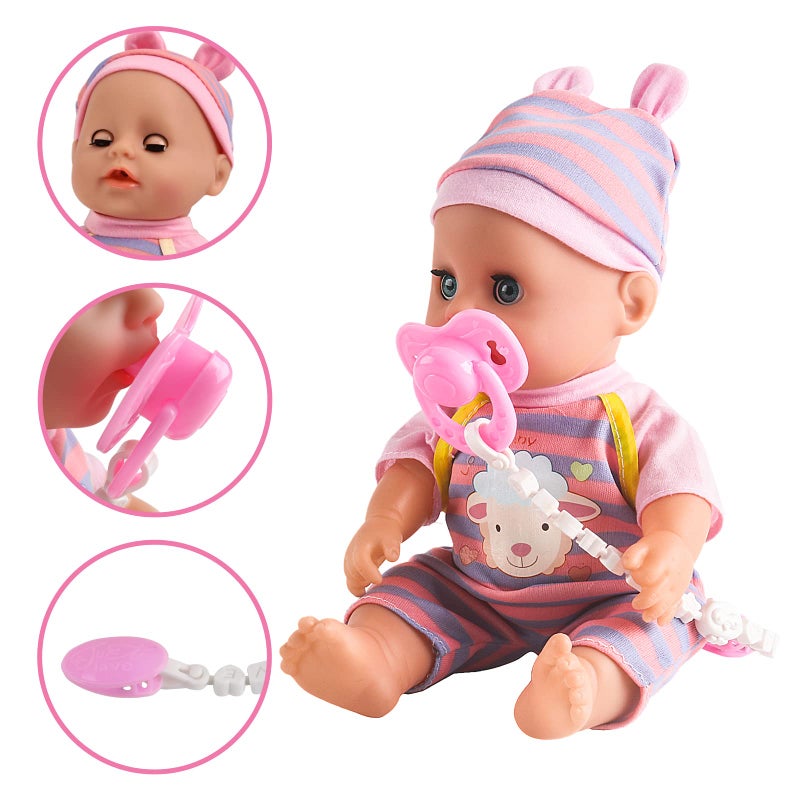 deAO 12” Baby Doll Play Set with Crib, Mobile, High Chair Feeding Accessories, Interactive Dolls for Girls Kids Pretend Play Baby Dolls 21 PCS - Image 4