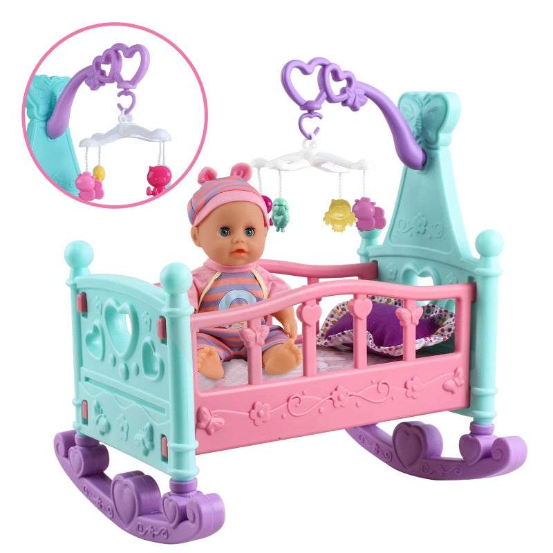 deAO 12” Baby Doll Play Set with Crib, Mobile, High Chair Feeding Accessories, Interactive Dolls for Girls Kids Pretend Play Baby Dolls 21 PCS - Image 2