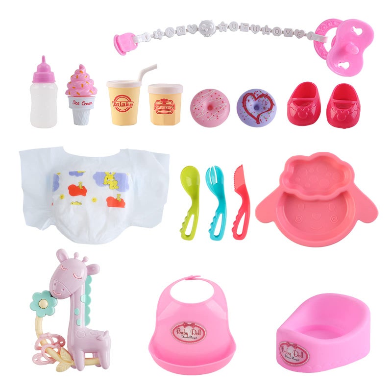 deAO 12” Baby Doll Play Set with Crib, Mobile, High Chair Feeding Accessories, Interactive Dolls for Girls Kids Pretend Play Baby Dolls 21 PCS - Image 5