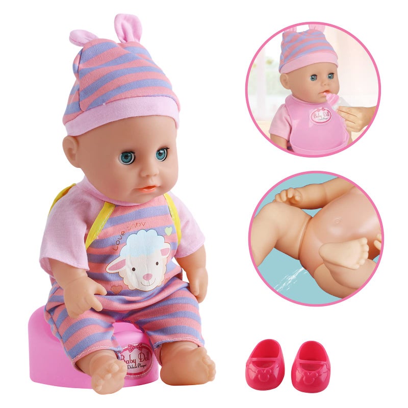 deAO 12” Baby Doll Play Set with Crib, Mobile, High Chair Feeding Accessories, Interactive Dolls for Girls Kids Pretend Play Baby Dolls 21 PCS - Image 3