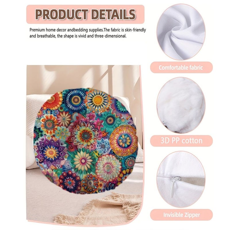 Bohemian Mandala Round Pillow Insert Two Sided 16x16 Inch Psychedelic Floral Double Sided Design With Soft Microfiber Cover Colorful Decorative Accent For Sofa Bed Living Room Machine Washable Flat - Image 2