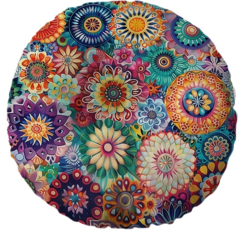 Bohemian Mandala Round Pillow Insert Two Sided 16x16 Inch Psychedelic Floral Double Sided Design With Soft Microfiber Cover Colorful Decorative Accent For Sofa Bed Living Room Machine Washable Flat - Image 1