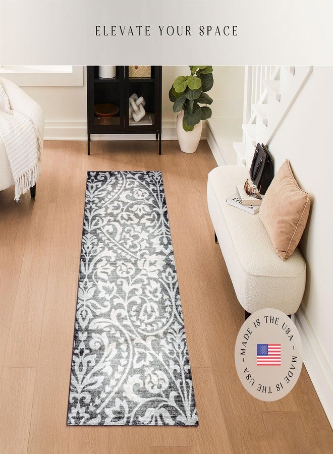 Maples Rugs Exeter Floral Runner Rug - Made in USA - Washable, Non Slip Indoor Carpet for Hallway, Kitchen, and Laundry Room, 2' x 6', Grey - Image 2