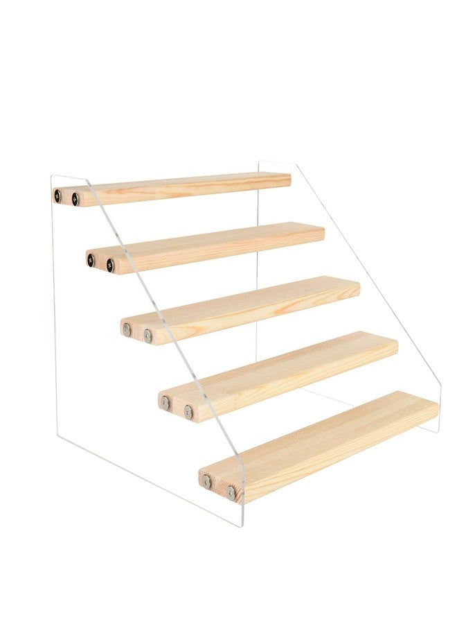 Homakover Tiered Spice Rack Acrylic Wood Board Spice Rack Organizer for Cabinet, Seasoning Organizer Spice Shelf, Space Saving Clear Stand Step Can Organizer for Kitchen Countertop Storage, 5 Tier - Image 1