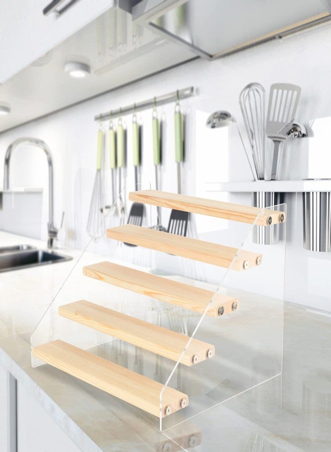 Homakover Tiered Spice Rack Acrylic Wood Board Spice Rack Organizer for Cabinet, Seasoning Organizer Spice Shelf, Space Saving Clear Stand Step Can Organizer for Kitchen Countertop Storage, 5 Tier - Image 4