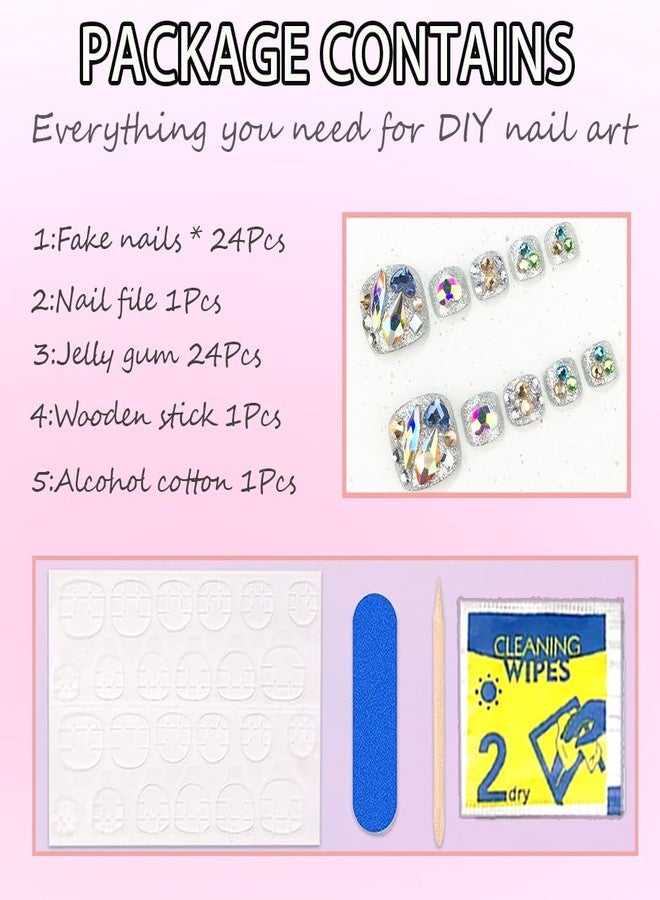 Hrnsnails Press On Toenails Short Square Fake Toe Nails with Silver Glitter and Diamond Bling Design, Sparkly Toe nail Press Ons Artificial Press on Toenails For Women(AB Diamond） - Image 4