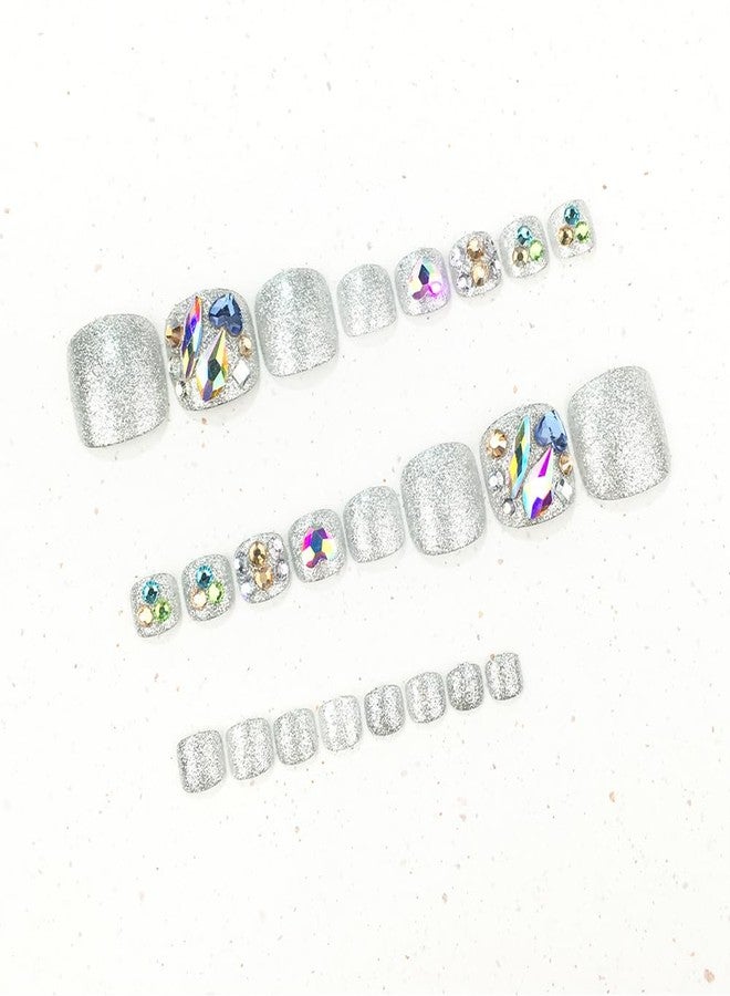 Hrnsnails Press On Toenails Short Square Fake Toe Nails with Silver Glitter and Diamond Bling Design, Sparkly Toe nail Press Ons Artificial Press on Toenails For Women(AB Diamond） - Image 3