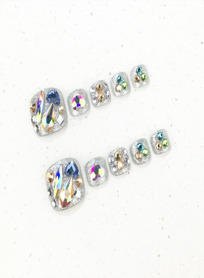 Hrnsnails Press On Toenails Short Square Fake Toe Nails with Silver Glitter and Diamond Bling Design, Sparkly Toe nail Press Ons Artificial Press on Toenails For Women(AB Diamond） - Image 2