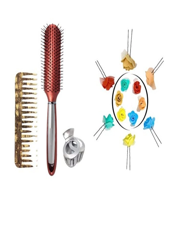 BigBro Hair Brush Curved(1pc) Wooden finish Plastic Wide Teeth Comb(1pc) Hair Clutcher(1pc) Juda Pins (12) for Hair Styling for Girls Women (Super Saver Combo) - Image 2