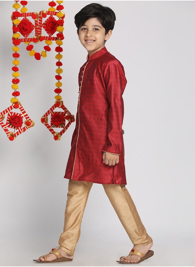 PRASHA - Boys' Maroon And Rose Gold Kurta Pyjama Set - Image 1