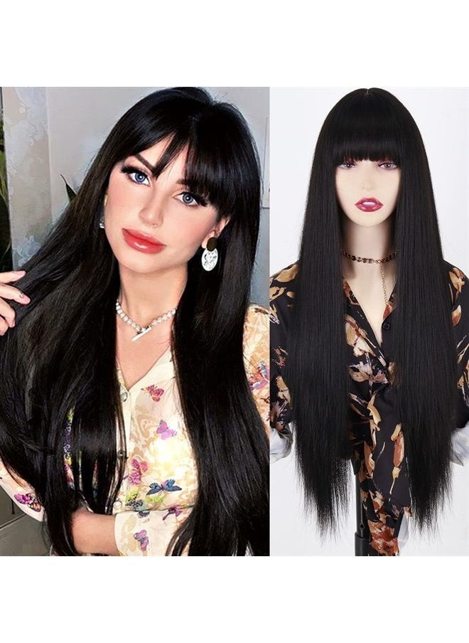 MISSQUEEN - Long Black Wigs with Bangs, Straight Black Wigs for Women, Synthetic 30 Inch Long Straight Black Bangs Wig for Daily Wear - Image 1