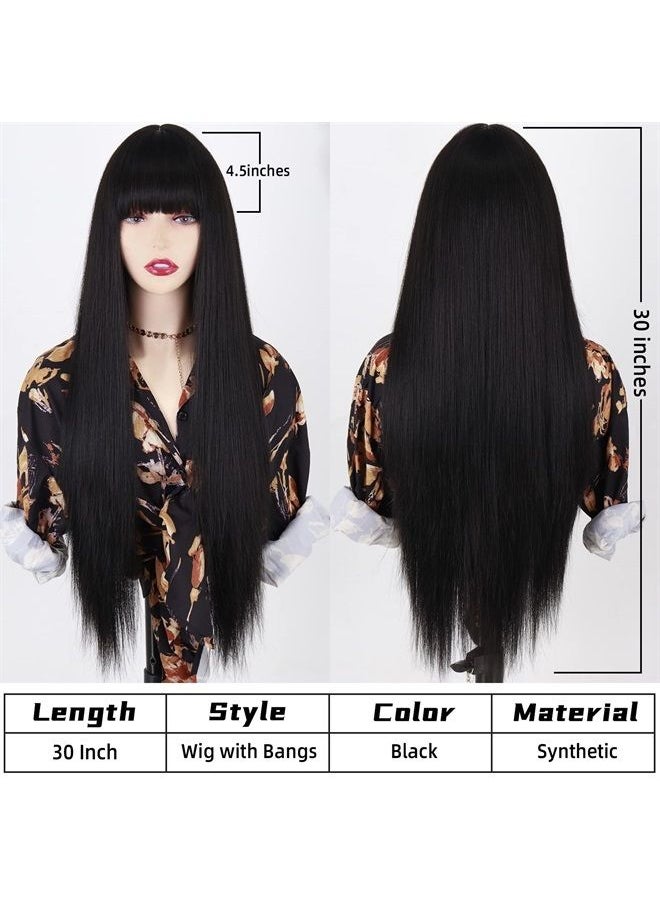 MISSQUEEN - Long Black Wigs with Bangs, Straight Black Wigs for Women, Synthetic 30 Inch Long Straight Black Bangs Wig for Daily Wear - Image 1