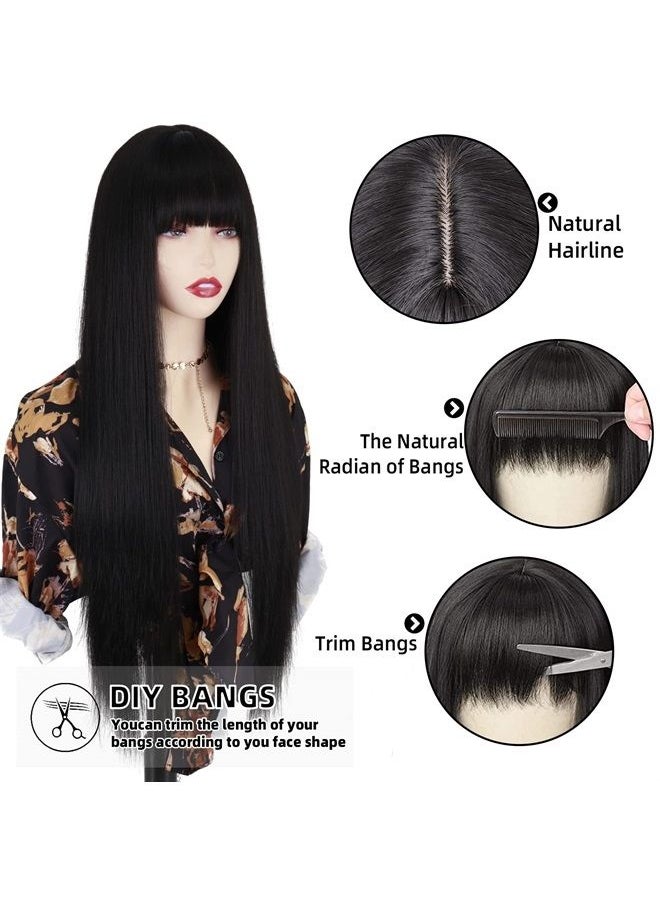 MISSQUEEN - Long Black Wigs with Bangs, Straight Black Wigs for Women, Synthetic 30 Inch Long Straight Black Bangs Wig for Daily Wear - Image 1