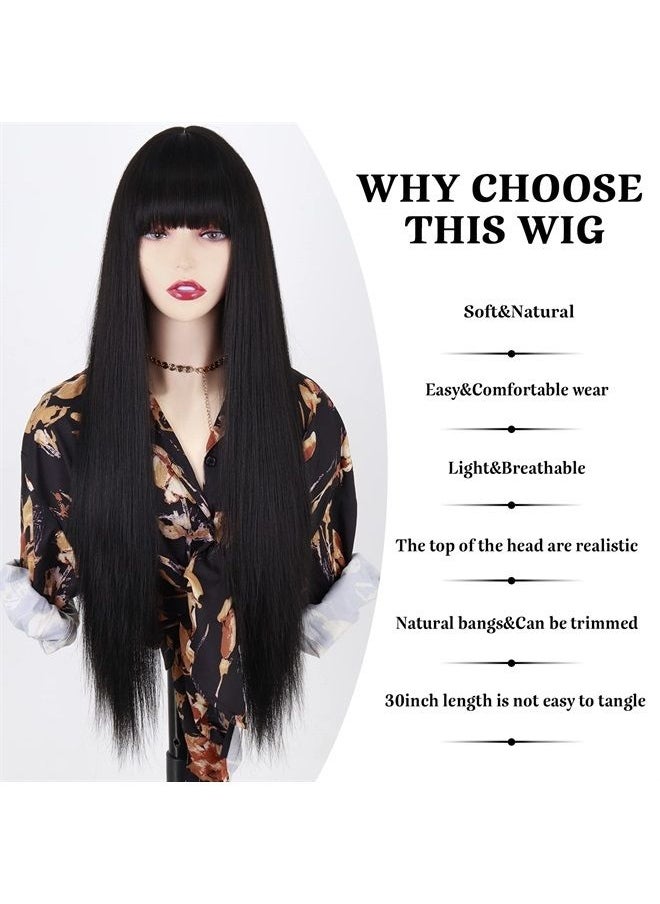 MISSQUEEN - Long Black Wigs with Bangs, Straight Black Wigs for Women, Synthetic 30 Inch Long Straight Black Bangs Wig for Daily Wear - Image 1